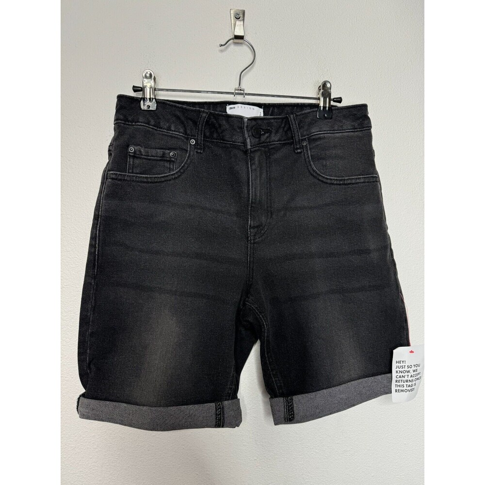 ASOS Design Jeans Shorts Size 30W Denim Washed Black Cuffed Cotton Stretch New